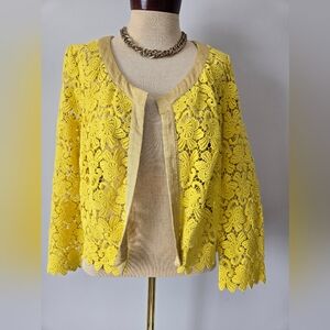 elevenses Anthropologie Bright Yellow Floral Lace Open-Front Blazer. Medium